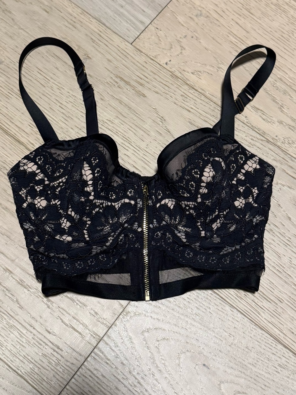 Victoria's Secret Black Lace Longline Bustier with Gold Zip
